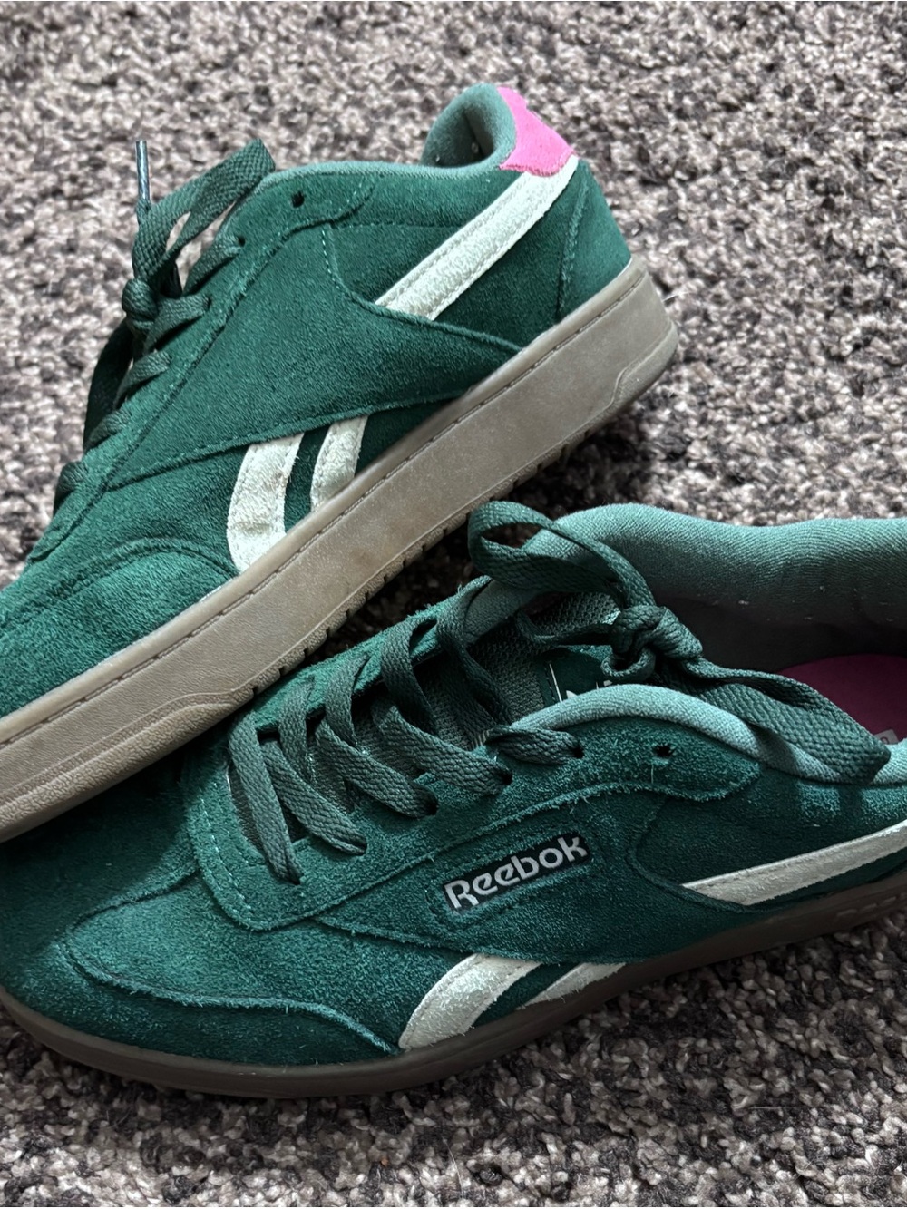 Reebok Green Suede Athletic Sneakers with Pink Heel Accent